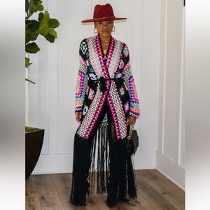 Multi color crochet duster sweater coat knit 🧶 open knit size L MAXI extra long